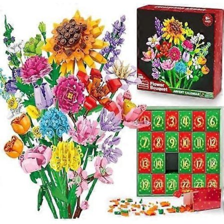 Adventskalender 2025 for barn, voksne og tenåringer, nedtellingskalender til jul med blomsterbukett, kunstige markblomsterklosser, gavesett