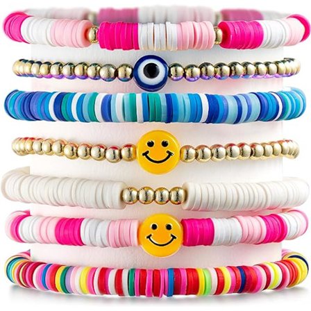 7 stk Preppy Stackable Armbånd Fargerike Happy Smile Evil Eyes Stretch Armbånd Y2K Håndlagde Charms