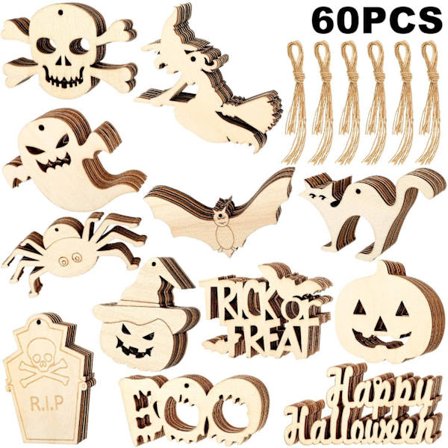 60 Pakke Halloween Treflis Trebrikker Halloween Tretreornamenter