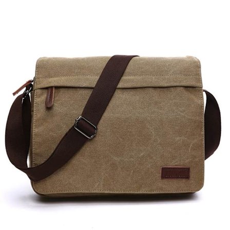Canvas skulderveske for menn, herreveske, laptopveske for 14-tommers laptop, skulderveske/messenger bag, khaki