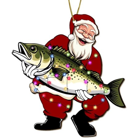 Julemand der holder en fisk juletræsornamenter, fisketema 2-sidet trykt fladt træornament, julepynt til ophæng