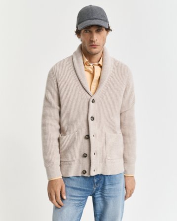 GANT Herren Wollmix Strickjacke mit Schalkragen (S) Braun Beige