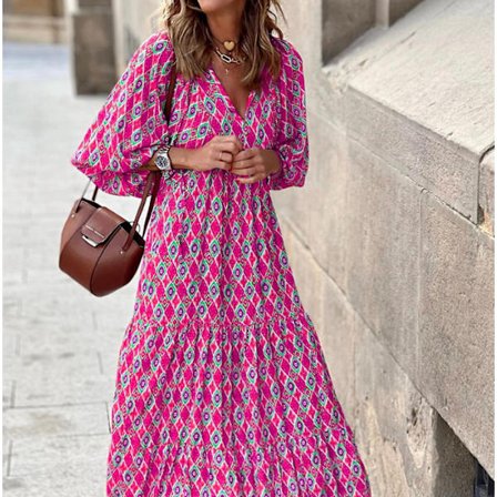 Geometrisk printed bubbelärmsklänning för kvinnor i stor storlek red