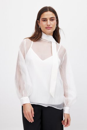 Laura Jade Stone x NA-KD - Bluse med ballongermer og skjerfdetaljer - Bluser - Hvit - EU 44