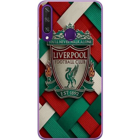Yhteensopiva Puhelinkuori Huawei Huawei Y6p Liverpool Football Clubin tunnus, jossa You'll Never Walk Alone voimakkaassa graafisessa suunnittelussa in