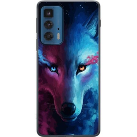 Kompatibelt Mobilskal till Motorola Motorola Edge 20 Pro Närbild av varg i blått och lila färgspel med asymmetriska ögon, konstnärlig illustratio