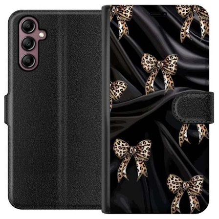 Yhteensopiva Lompakkokotelo Samsung Galaxy A14 5G Leopardikuvioidut rusettinauhat mustalla silkkitaustalla, ylellinen muotoilu, jossa glamouria, ekskl