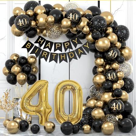 40. miehen naisten syntymäpäiväjuhlakoristeet, hyvää syntymäpäivää Garland Balloon mustakultakoristeet