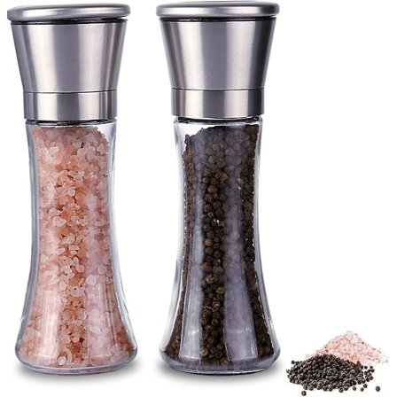 Manuell Pepperkvern og Saltkvern | Sett med 2 Krydderkverner - Justerbar Keramisk Kvern - Børstet Rustfritt Stål og Glasskverner for Krydder, Pepper