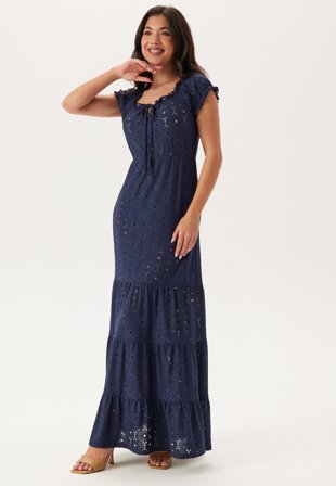 Happy Holly - Jersey Broderie Anglaise Maxi Dress - Dark blue - Kläder - - Bubbleroom