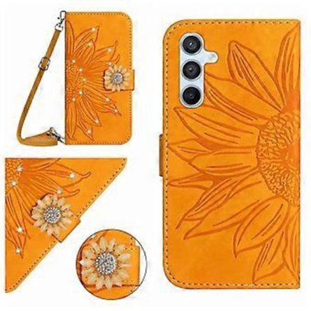 Kompatibel med Samsung Galaxy S24 Präglad Solros med Diamanter Magnetisk Korthållare Plånbok Telefonfodral med Axelrem - Gul