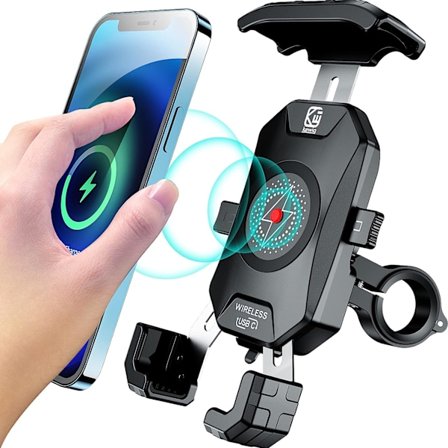 Motorcykel Telefonholder med Trådløs & USB C-oplader, IP66 Vandtæt Motorcykel Telefonholder til 4'' - 7'' Mobiltelefon, Enhåndsbetjening