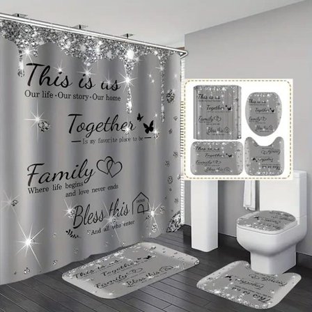 1/4 stk Dusjforhengsett med baderomsmatte og toalettlokk, sklisikkert luksuriøst baderomstilbehør