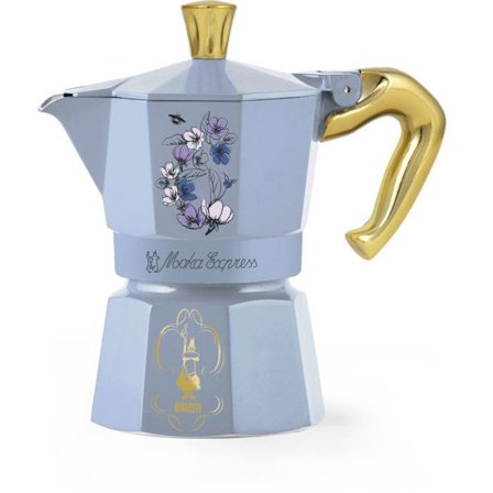 Italiensk kaffebryggare - BIALETTI - Moka express - Birdgerton-kollektionen - 3 koppar - 130 ml - Blå / Blommor
