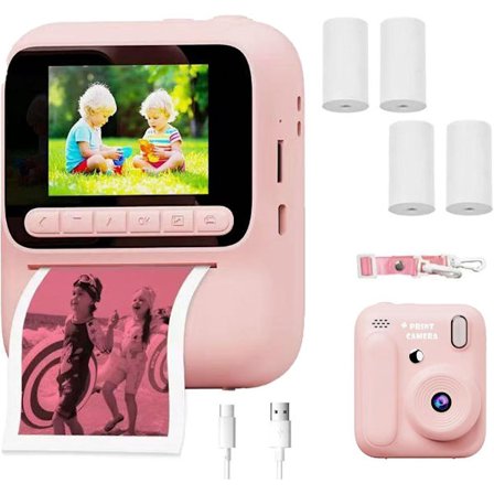 Barnekamera med umiddelbar utskrift - 2,4-tommers HD-skjerm - 1080p digitalt selfiekamera for barn med 4 ruller fotopapir og snor - Rosa