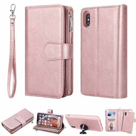 Fodral för iPhone 15 PLUS Roséguld läder delad plånbok kortplats 2 i 1 dragkedja