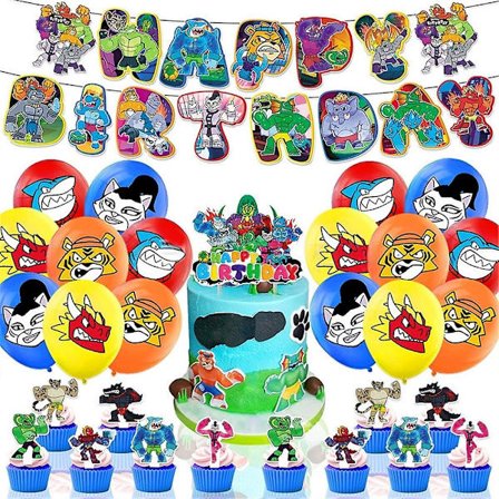 Goo Jit Zu Heroes tecknade barnkalasfest dekorationstillbehörskit inkluderar grattis på födelsedagen-banderoller ballonger tårt-/muffin-dekorationer