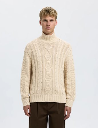 Selected Slhuffe Ls Knit Relaxed Cable High Neck - Cream - XL