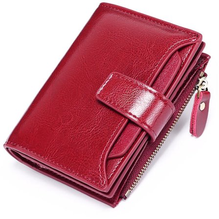 RFID-blokerende lille kompakt læderpung med lynlåslomme og to rum til kvinder, kortholder og ID-vindue