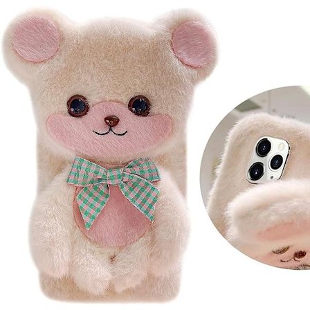 Kompatibel med iPhone 13 Pro Max Fuzzy Plush Case Søt 3D Morsom Tegneserie Bjørn Håndlaget Fluffy Pels Pels Sløyfe Vinter Varm Glatt for Kvinner Jente