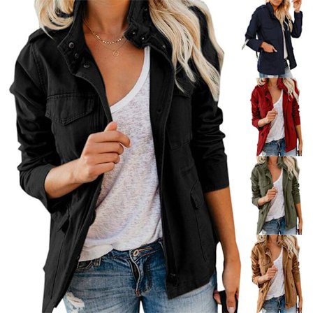 Kvinnor med fickor kappa tryckknappar militärjacka Y