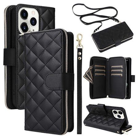 Fodral för iPhone 11 Pro Max med dragkedja, plånbok, rombmönster, läderfodral med axelrem