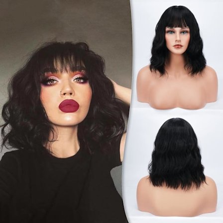 Kort bob peruk med lugg, axellång, kort damperuk, lockig