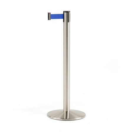 Absperrpfosten mit Band, 3650 mm, gebürsteter Stahl/blau