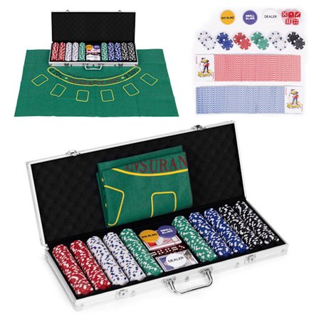 Poker och blackjack set – 500 marker, 2 kortlekar, tärningar, spelmatta, låsbart fodral