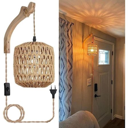 Vintage Vegglampe Tre, Hampeskjerm Retro E27 Sengelampe (Ingen Lyspære)