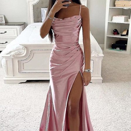 Kvinner Lange Maxikjoler Cowl Neck Aftenkjole Ermeløs Satengkjole Fest Casual Rosa