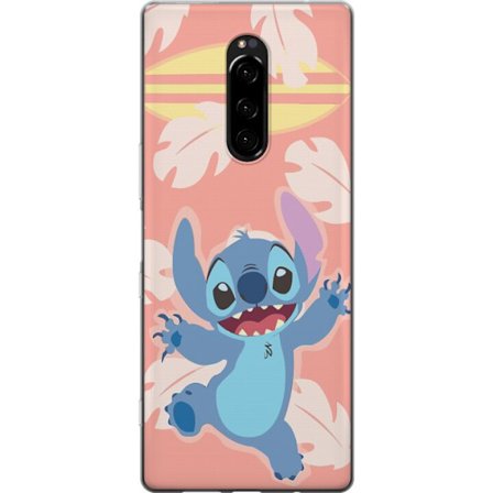 Kompatibel Mobilcover til Sony Xperia 1 Glad illustration af Stitch der hopper foran lyserød baggrund med surfbræt