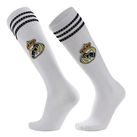 Fotballsokker for barn over kneet, treningssokker for sport, lange sokker for gutter og elever (hvit Real Madrid 30-37 yards)