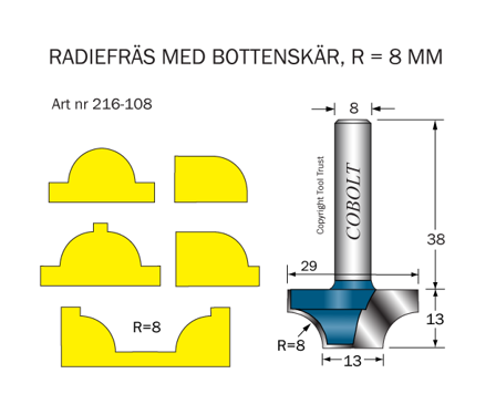 Cobolt 216-108 Radiusfres R=8 D=29/13 L=13, Maskintilbehør & forbruk