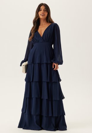 Goddiva - Long Sleeve Tiered Maxi Dress - Navy - Kläder - - Bubbleroom