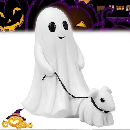 Spøgelse der går med hund-statue, Halloween-spøgelse der går med sin spøgelseshund Halloween-spøgelseshundstatuer Skræmmende spøgelseshund Halloween-