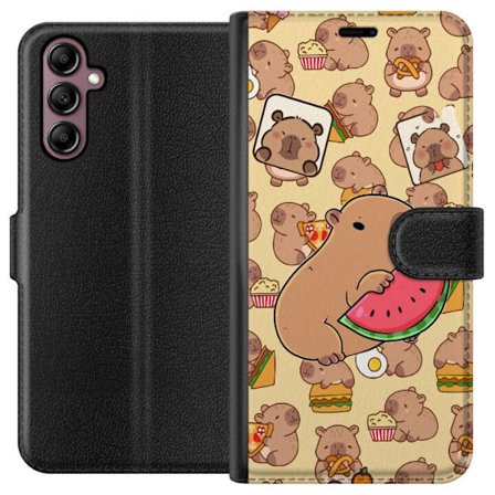 Kompatibelt Plånboksfodral till Samsung Samsung Galaxy A14 5G Söt capybaror njuter av vattenmelon pizza och popcorn i en varm och lekfull design som