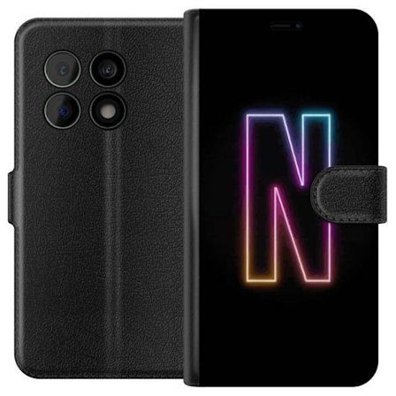 Kompatibel Tegnebogsetui til OnePlus OnePlus 10 Pro Minimalistisk neonbogstav N i farveskiftende lys mod sort baggrund