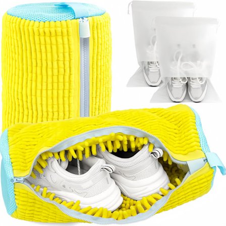 2 stk. Vaskepose til sko, vaskepose til vaskemaskine og tørretumbler til sko, genanvendelig skorengøringspose til sneakers, mikrofiber indeni gul