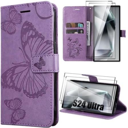 Fodral + 2 härdade glasögon för Samsung Galaxy S24 Ultra (ej för S24), lila, lädereffekt med stöd, fjärilsmönster Lila