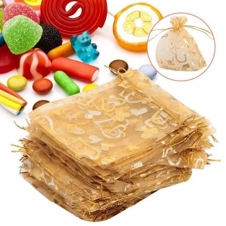 HURRISE Smyckespåse 100 st Meshpåse Bröllopsfavoritpresent Godis Smyckenpåse Dragsko 5 färger (guld)