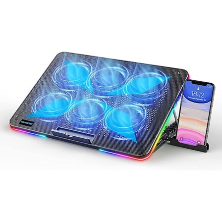 Laptop Kjøleplate, Laptop Kjøler med 6 Stille Vifter for 15,6-17 Tommers Spillfan Stabil Stativ, 7 Høydejustering, RGB Lys 10 Moduser, 
