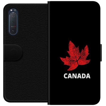 Kompatibelt Plånboksfodral till Sony Sony Xperia 5 II Grafisk lönnlövssymbol i rött mot svart bakgrund med tydlig Kanadareferens och minimalistisk