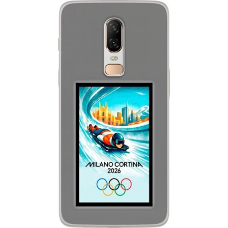 Yhteensopiva Puhelinkuori OnePlus 6 Dynaaminen kelkkailija tai skeleton-ajaja jääkanavalla Milanon Cortina 2026 kanssa, kaupunkinäkymä ja olympialaise