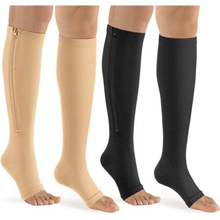 2 par med glidelås-kompresjonsstrømper for menn og kvinner (L/XL), kalvehøyde 15-20 mmHg, åpen tå, ideelt for gange, løping
