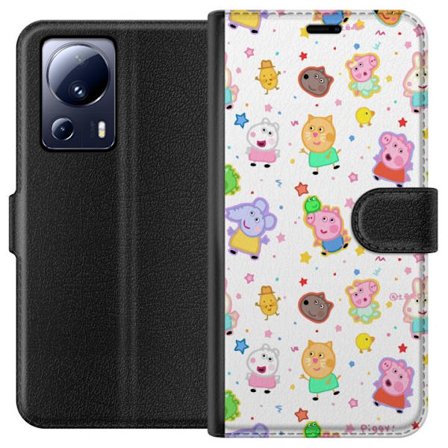 Kompatibelt Lommeboketui til Xiaomi 13 Lite Fargerike tegneserie dyrekarakterer i en leken stil med stjerner og prikker på en lys bakgrunn