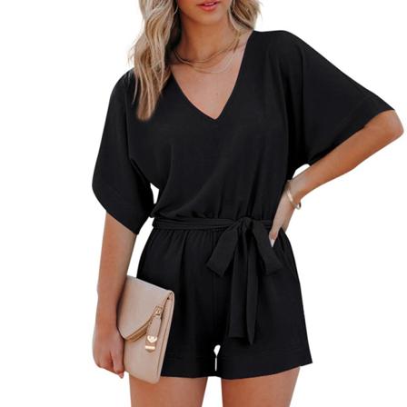 Damoverall Med Elastisk Midja V-hals Shorts Med Raka Ben