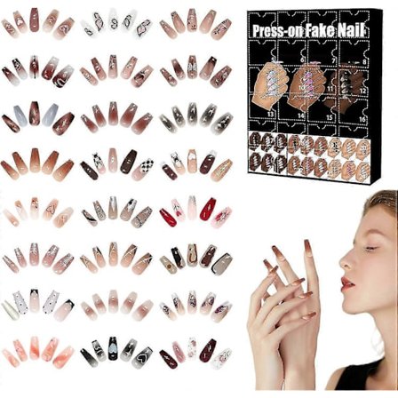 Adventskalender med lösnaglar, 24 dagar julnedräkningskalender, Nagelkonst bärande rustning Press On, Press On Naglar Julklapp till kvinnor