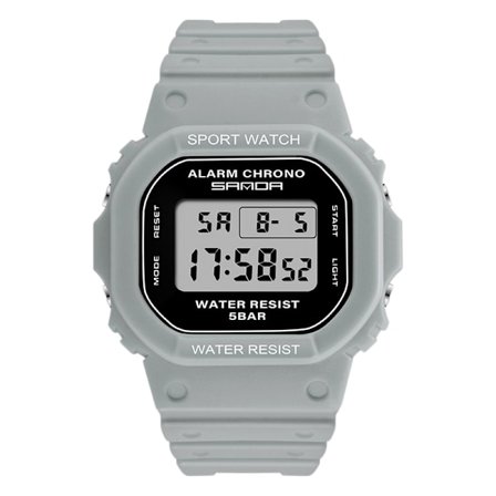 Neliömäinen monitoiminen elektroninen kello, opiskelijoiden urheilukello 30M vedenkestävä, valaiseva harmaa hartsihihna