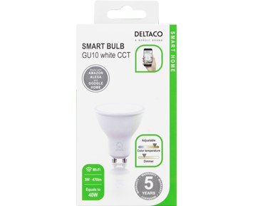 Deltaco-Smart GU10 Vit, WiFi, 4.5W, 2700K-6500K, dimbar-Dimbar smart-LED-pære med justerbar fargetemperatur-Smart home-Glødepærer